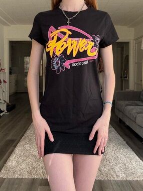 Roberto Cavalli Black Tee with Yellow and Pink 'Power' Graphic